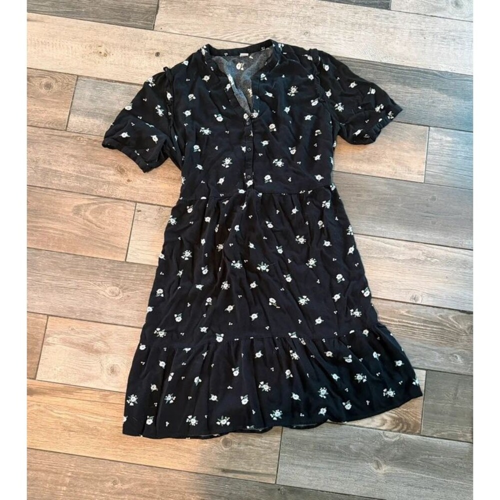 Black Floral Button Up Babydoll Peasant Dress Size L